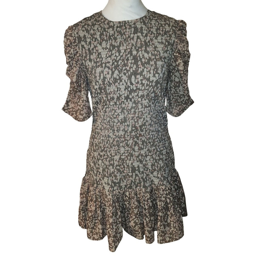 French Connection Erika Drape Smock Dress Deep Moss Multi Floral Mini NWT Size M